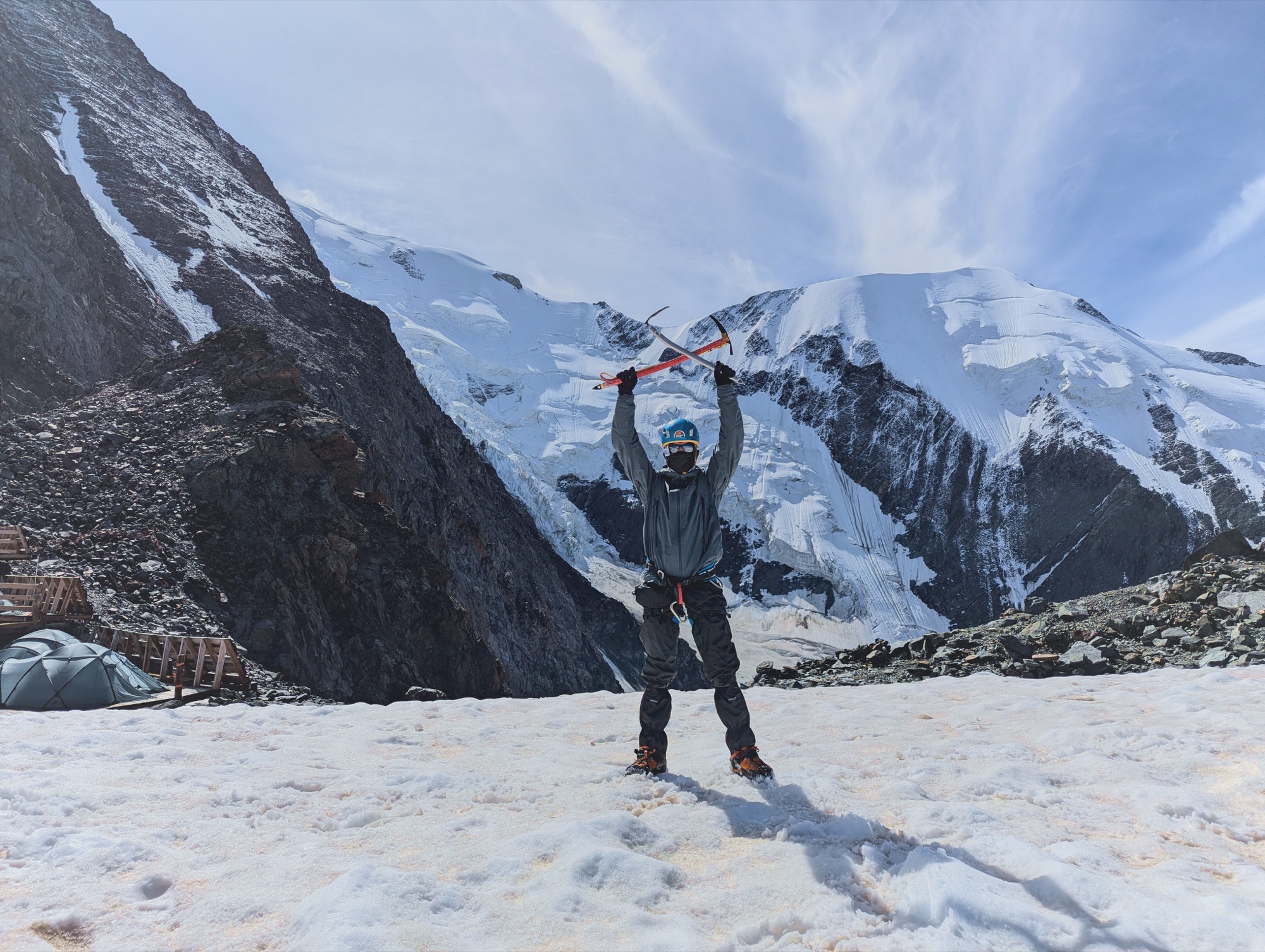 Mont Blanc ridge in August with wind-blown snow